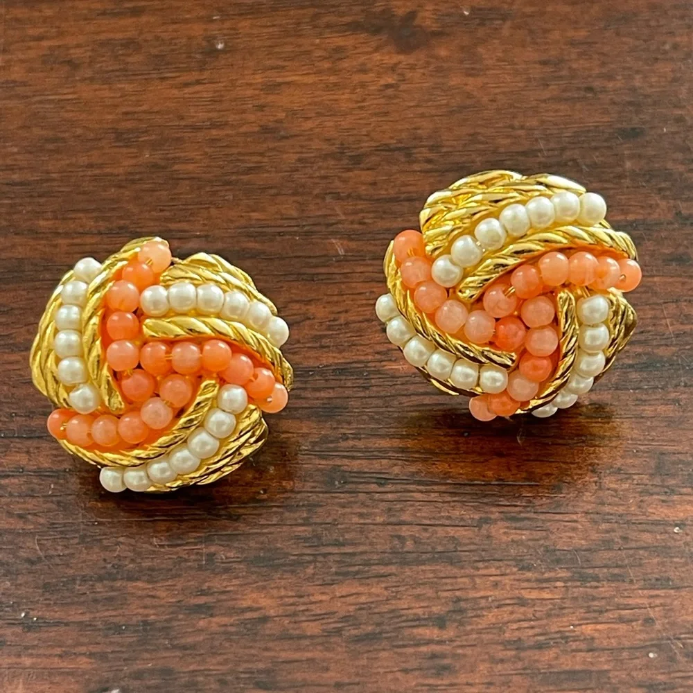 1960s Avon faux salmon coral and pearl gold tone metal stud earrings - Picture 2 of 5